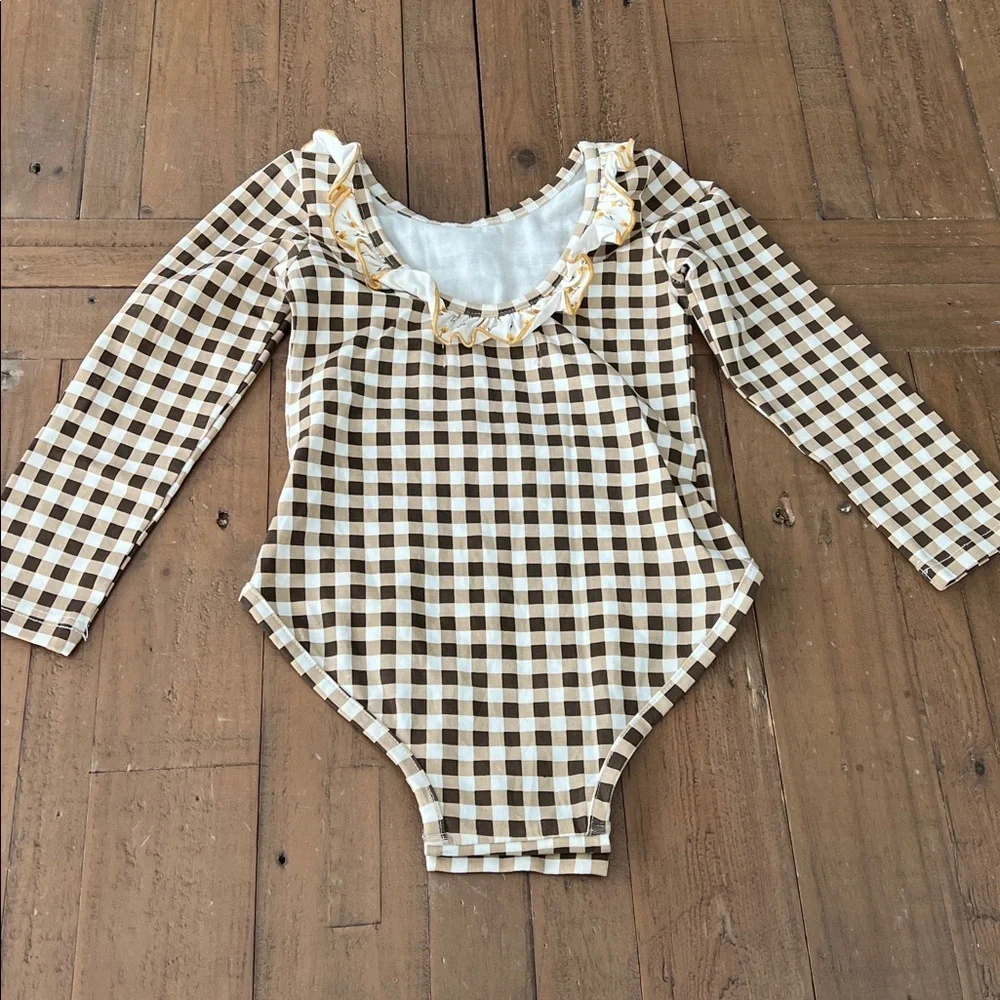 Sweethoney Brown Checkered Long Sleeve ruffed Bodysuit leotard 4T
